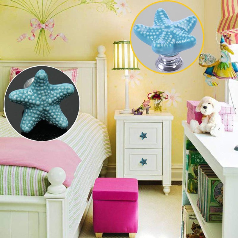 ZILucky Starfish Ceramic Drawer Pulls Handles for Nursery Dresser Cupboard Wardrobe Cabinet Kitchen Beach Ocean Theme Knobs Pack of 6 (Blue) - Image 3